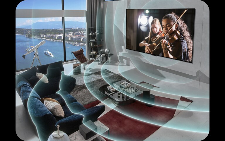 LG OLED evo M4 in een modern appartement in de stad. Er verschijnt een raster over het beeld, alsof de ruimte wordt gescand, en het scherm projecteert blauwe geluidsgolven, die de ruimte perfect vullen met geluid.