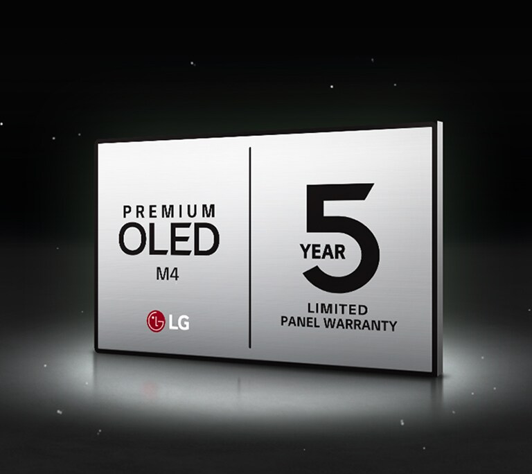 LG OLED Care+ en 5 jaar paneelgarantielogo tegen een zwarte achtergrond.