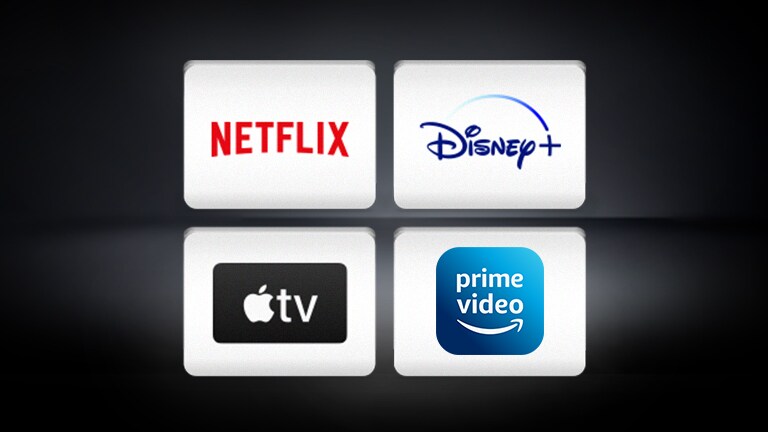 Het Netflix-logo, het Disney+-logo, het Apple TV-logo en Amazon Prime Video zijn horizontaal gerangschikt op de zwarte achtergrond.