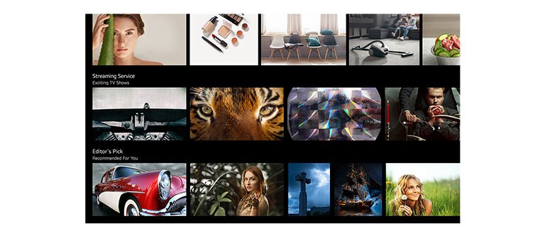 Een tv-scherm met verschillende inhoud opgesomd en aanbevolen door LG ThinQ AI