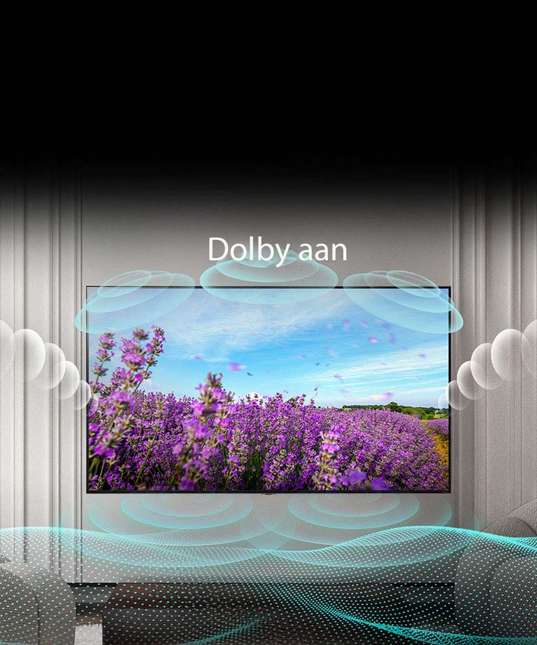 Het tv-scherm van QNED toont een roze bloem op een zomerveld en de tekst in het midden zegt Dolby UIT. Het beeld op het scherm wordt helderder en de tekst verandert in Dolby AAN.