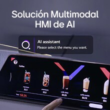 Gebruiker die interacteert met een touchscreeninterface aangedreven door een multimodale AI HMI-oplossing, en een koffiemenu selecteert met een AI-assistentprompt.