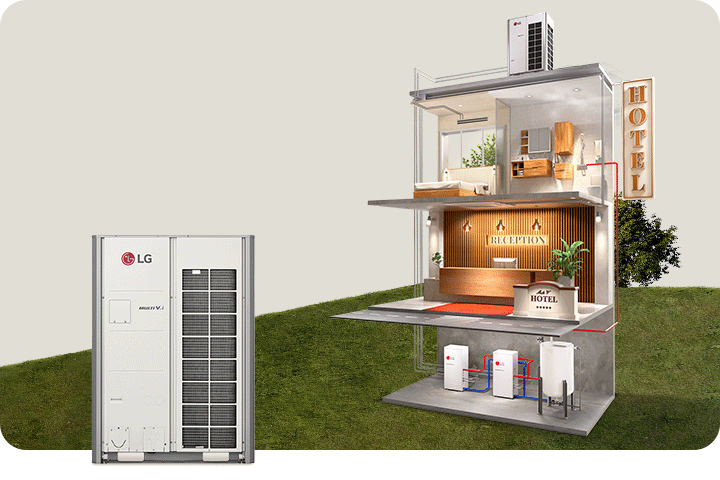 Het drie verdiepingen tellende hotel met een kelder heeft een perspectieftekening. Hydro Kits en MULTI V i zijn verbonden met Indoor Units in een kamer en receptie door verschillende leidingen.