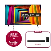 Front view of LG UHD TV, UT90 with text of LG UHD AI, 2024, and webOS Re:New Program logo on screen