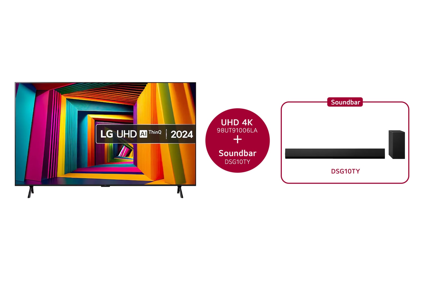 Front view of LG UHD TV, UT90 with text of LG UHD AI, 2024, and webOS Re:New Program logo on screen