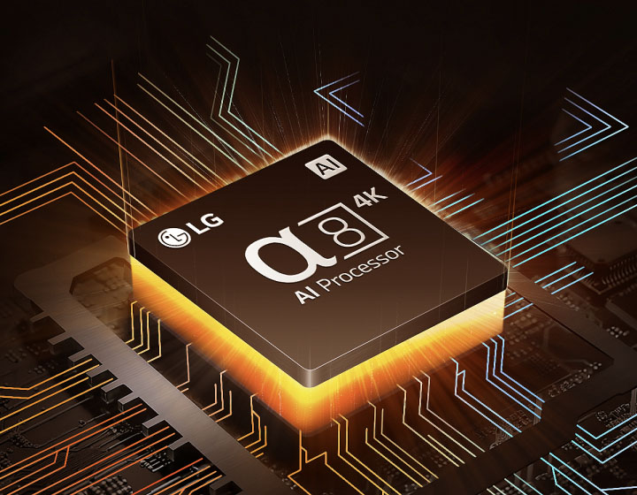 LG's alpha 5 AI-processor 4K Gen7 met geel licht eronder en kleurrijke printplaatlijnen die aftakken van de AI-processor.	