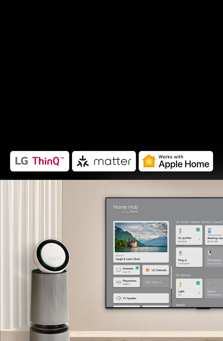 Een logo van LG ThinQ™, matter en Apple Home. Een LG TV aan de muur en een LG PuriCare™ Objet Collection 360° aan de linkerkant. De tv geeft Home Hub weer en een cursor klikt op "Luchtreiniger" en de LG PuriCare™ Objet Collection 360° wordt geactiveerd.