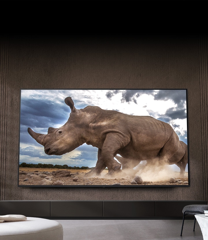 Een neushoorn in een safari-setting wordt getoond op een Ultra Big LG-tv, gemonteerd op de bruine muur van een woonkamer omringd door crèmekleurige modulaire meubels.