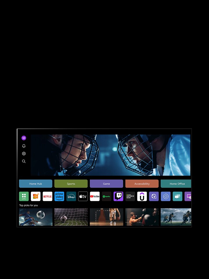 Op een LG TV-scherm wordt het scherm van Mijn profiel weergegeven. In het bovenste derde deel een banner voor Tangible Wonders. Onder de banner worden de volgende knoppen weergegeven: Home Hub, Sport, Game, Toegankelijkheid, Thuiskantoor. Onder de knoppen worden de volgende logo's weergegeven: LG Channels, Netflix, Prime Video, Disney+, Apple TV, YouTube, Spotify, Twitch, GeForce Now en Udemy. Onder de logo's worden 5 filmminiaturen weergegeven onder de tekst "Top picks for you". Een cursor klikt op de initiaal 'S' in de linkerbovenhoek. Er wordt een vervolgkeuzemenu voor LG-accounts geopend en er worden vijf namen weergegeven. De cursor klikt op de tweede naam als miniaturen en aanbevolen inhoud op het scherm veranderen.