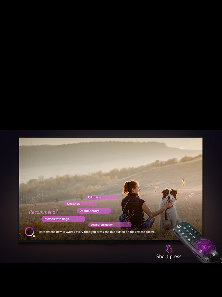 Een LG TV geeft een beeld weer van een vrouw en een hond in een uitgestrekt veld. Onderaan het scherm wordt de tekst "Beveel nieuwe trefwoorden aan telkens wanneer u op de microfoonknop op de afstandsbediening drukt" weergegeven naast een roze-paarse cirkelafbeelding. Roze balken tonen de volgende trefwoorden: Films met honden, Hond, Herfst, Ontspanning, Vriendschap. Voor de LG TV is de LG Magic Remote naar de tv gericht met neonpaarse concentrische cirkels rond de microfoonknop. Naast de afstandsbediening wordt een afbeelding weergegeven van een vinger die op een knop drukt en de tekst "Short press".