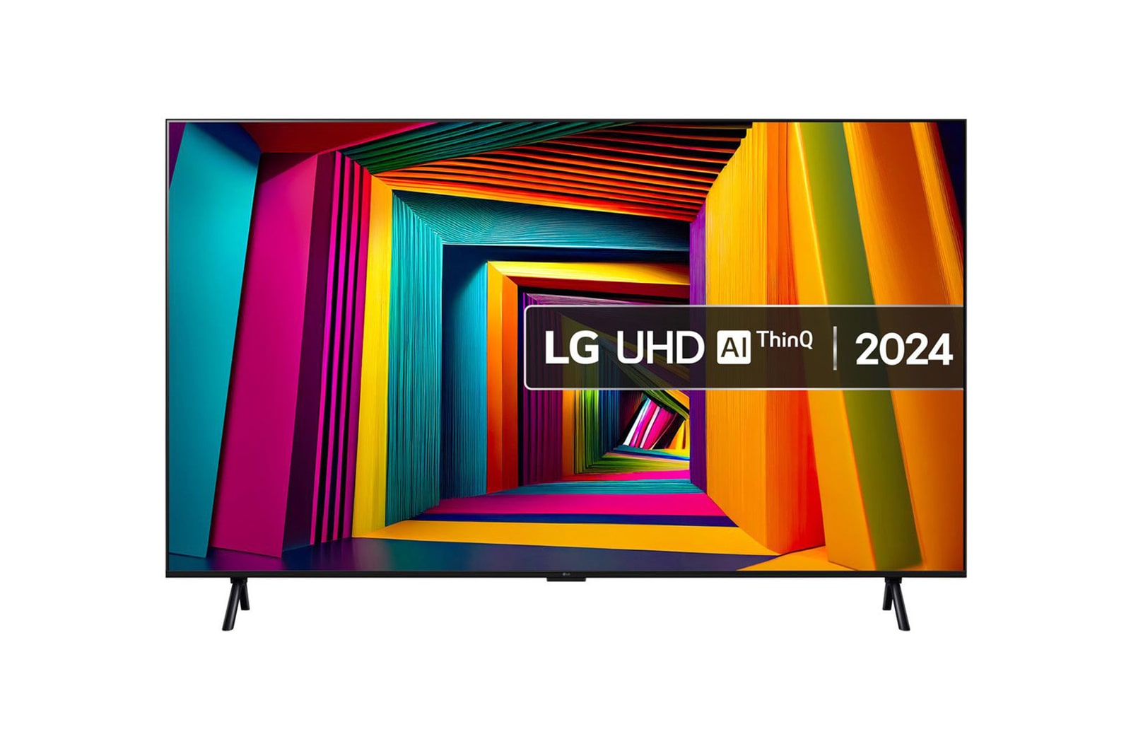 Front view of LG UHD TV, UT90 with text of LG UHD AI, 2024, and webOS Re:New Program logo on screen
