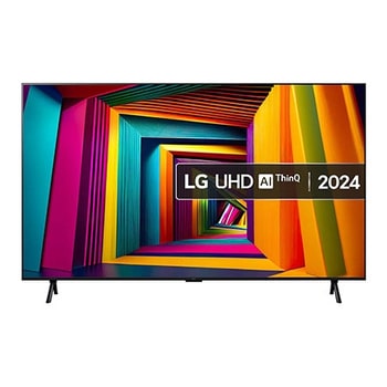 Front view of LG UHD TV, UT90 with text of LG UHD AI, 2024, and webOS Re:New Program logo on screen