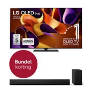 Vooraanzicht met LG OLED evo TV, OLED G4, 11 jaar wereldwijd nummer 1 OLED-embleem, en 5 jaar paneelgarantielogo op het scherm