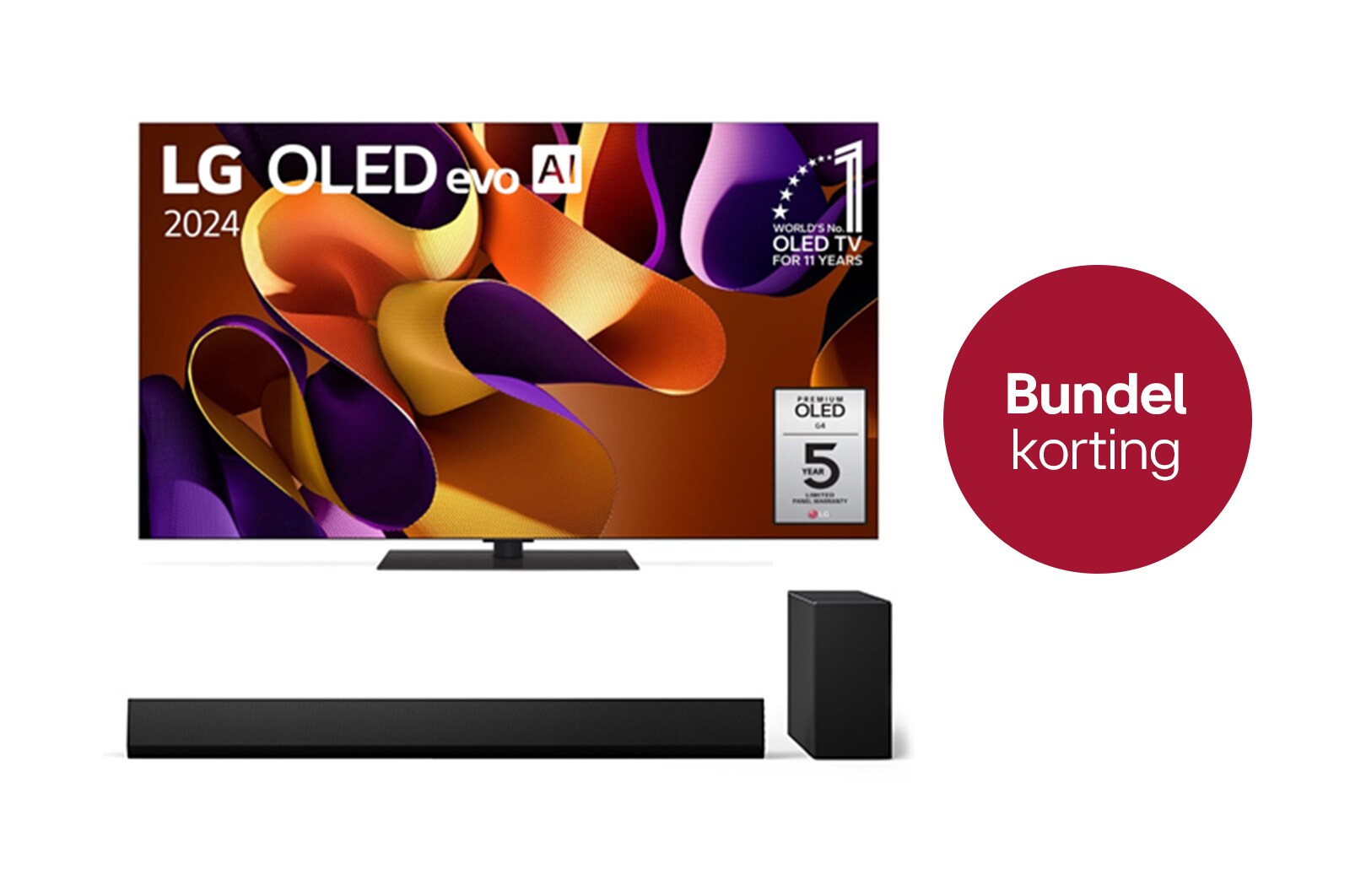 Vooraanzicht met LG OLED evo TV, OLED G4, 11 jaar wereldwijd nummer 1 OLED-embleem, en 5 jaar paneelgarantielogo op het scherm