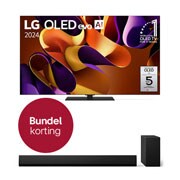 Vooraanzicht met LG OLED evo TV, OLED G4, 11 jaar wereldwijd nummer 1 OLED-embleem, en 5 jaar paneelgarantielogo op het scherm