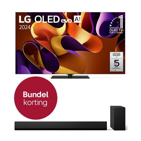 Vooraanzicht met LG OLED evo TV, OLED G4, 11 jaar wereldwijd nummer 1 OLED-embleem, en 5 jaar paneelgarantielogo op het scherm