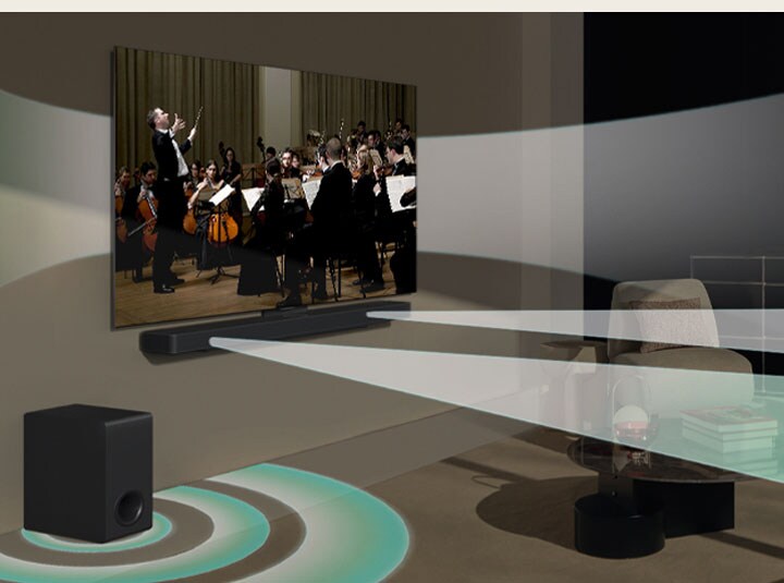 Er speelt een concert op een LG TV aan de muur. Er komt tegelijkertijd een virtueel geluidseffect uit een LG TV en een LG Soundbar S40T met subwoofer, zodat je kunt ervaren hoe WOW Orchestra wordt gecreëerd.