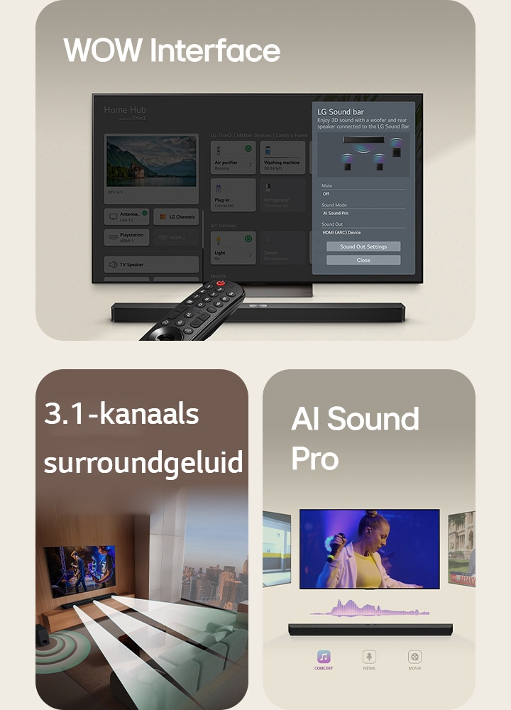 Een afbeelding van een LG Soundbar, LG Remote en LG TV met de WOW-interface in beeld.  Een afbeelding van een LG TV en LG Soundbar in een huiskamer met een muziekoptreden in beeld. De soundbar stoot geluidsgolven gemaakt van druppels uit, die zich om de bank en door de ruimte heen bewegen als surroundgeluid. De skyline van de stad is zichtbaar door het raam.  Een afbeelding van de LG Soundbar met drie verschillende TV-schermen erboven. Een met een film, een met een concert en de ander met een nieuwsuitzending. Onder de soundbar worden de pictogrammen Concert, Nieuws en Film weergegeven.