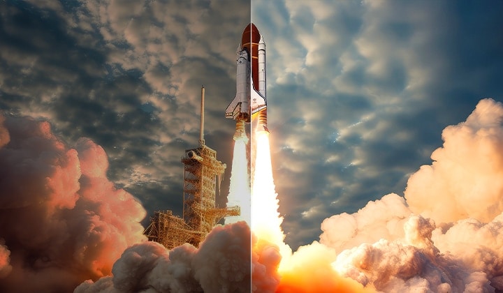 Parts of an image can be seen inside the silhouette of a giant 3X text. As the text gets bigger, a space shuttle launch can be seen. As the text expands to beyond the screen, the full content is revealed. The visual then gets enhanced from top to bottom to be brighter and more vibrant.