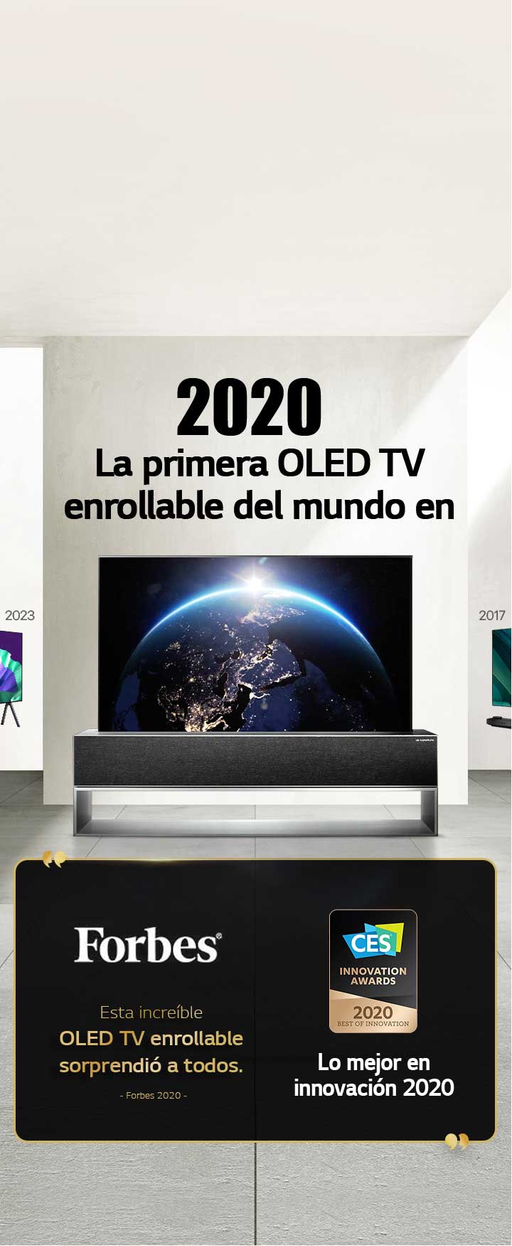 LG TV. El título dice “La primera OLED TV enrollable del mundo en 2020”. Junto a él, las menciones de los premios. Forbes, esta increíble OLED TV enrollable sorprendió a todos. Mejor innovación 2020: premio de CES Innovation Awards.