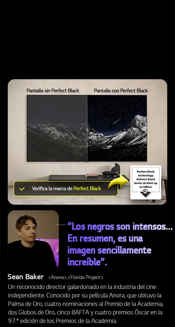 LG OLED TV Wall-mounted En la pantalla se muestra una cadena montañosa bajo un cielo nocturno lleno de estrellas. La pantalla está dividida por la mitad. En un extremo, etiquetado como “Pantalla sin Perfect Black”, los colores se ven apagados y grisáceos, y las estrellas apenas son visibles. En el otro extremo, etiquetado como “Pantalla con Perfect Black”, los negros son profundos y oscuros, las estrellas brillan con intensidad y el resultado es una imagen con alto contraste y gran impacto visual.