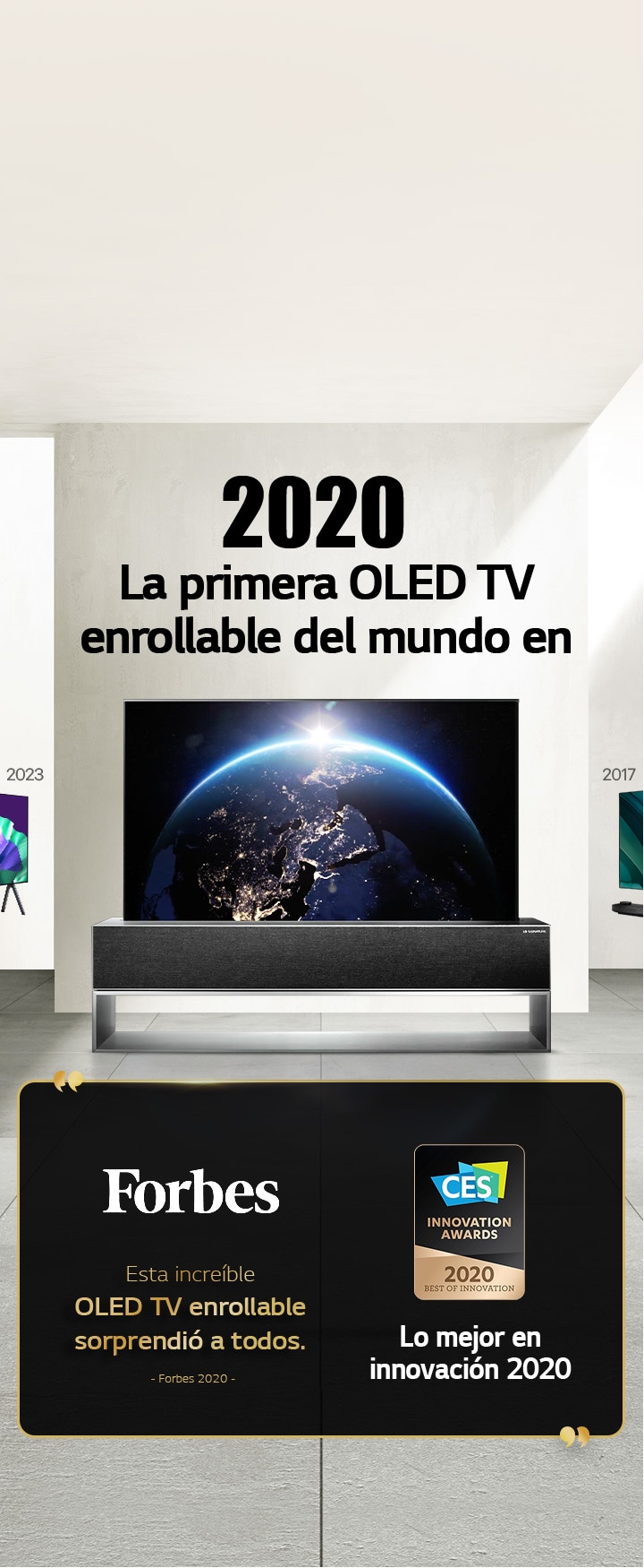 LG TV. El título dice “La primera OLED TV enrollable del mundo en 2020”. Junto a él, las menciones de los premios. Forbes, esta increíble OLED TV enrollable sorprendió a todos. Mejor innovación 2020: premio de CES Innovation Awards.