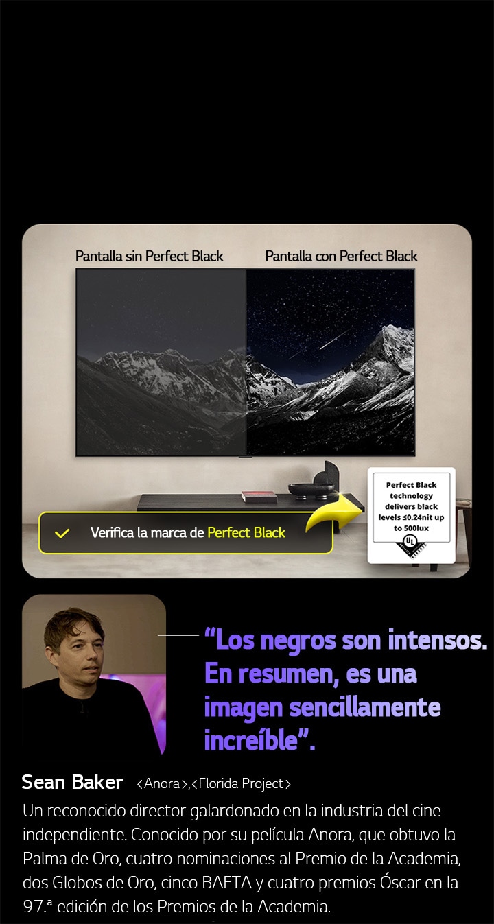LG OLED TV Wall-mounted En la pantalla se muestra una cadena montañosa bajo un cielo nocturno lleno de estrellas. La pantalla está dividida por la mitad. En un extremo, etiquetado como “Pantalla sin Perfect Black”, los colores se ven apagados y grisáceos, y las estrellas apenas son visibles. En el otro extremo, etiquetado como “Pantalla con Perfect Black”, los negros son profundos y oscuros, las estrellas brillan con intensidad y el resultado es una imagen con alto contraste y gran impacto visual.