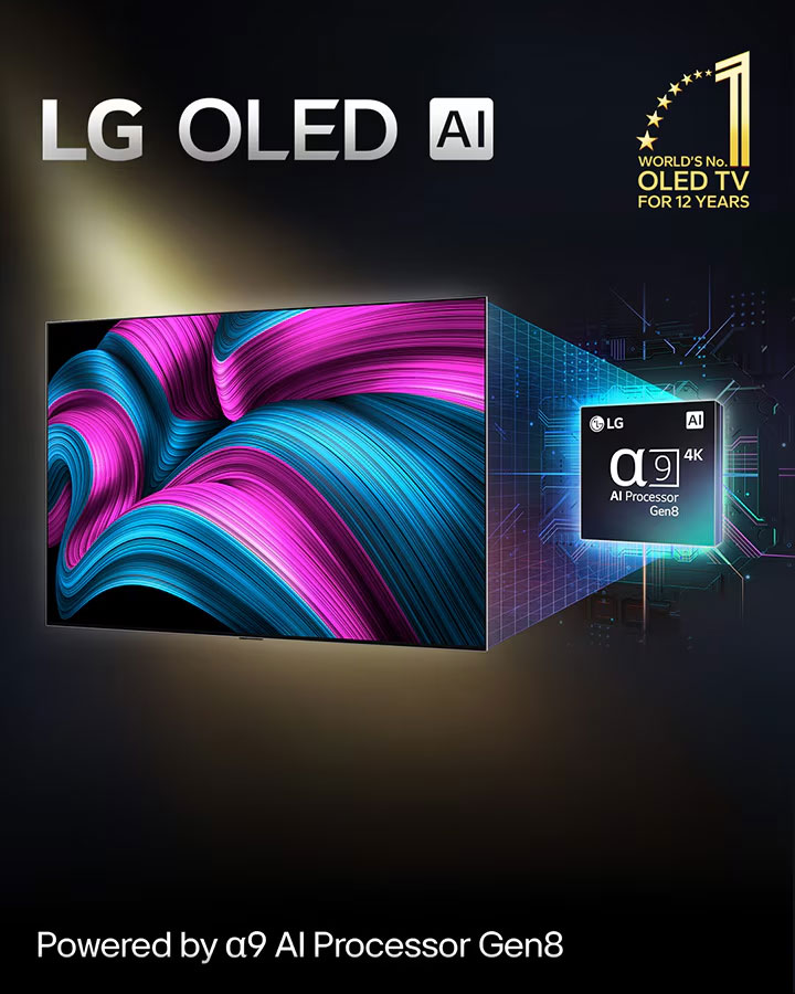 En la pantalla de una TV LG OLED evo con IA aparece una imagen abstracta con detalles, colores y un contraste impactantes. Detrás de la TV, se muestra una versión ampliada del procesador alpha 9 AI Gen8. Brilla con una luz que ilumina los circuitos de microchips a su alrededor. El título dice LG OLED evo AI. También puede verse el texto: Con la tecnología del procesador LG alpha 9 AI Gen8. En la esquina aparece un logotipo dorado con estrellas que dice: OLED TV número uno del mundo durante 12 años. 