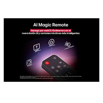 LG AI Magic Remote with the AI button highlighted. Around it are the different functionalities that a user can access from the button. AI Voice ID, AI Search, AI Chatbot, AI Concierge, AI Picture Wizard, AI Sound Wizard. The text explains that the LG AI Magic Remote completes your AI experience with a dedicated AI button and can be used like an air mouse. Just point and click.