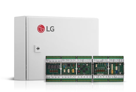  Una caja rectangular blanca con el logo de LG. Un módulo gris más pequeño con dos conectores verdes se coloca en la parte frontal de la caja.