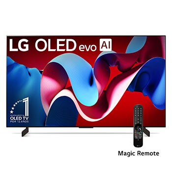 Vista frontal con LG OLED evo y el emblema OLED número 1 del mundo de 11 años en la pantalla, así como la barra de sonido debajo