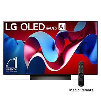 Vista frontal con LG OLED evo y el emblema OLED número 1 del mundo de 11 años en la pantalla, así como la barra de sonido debajo