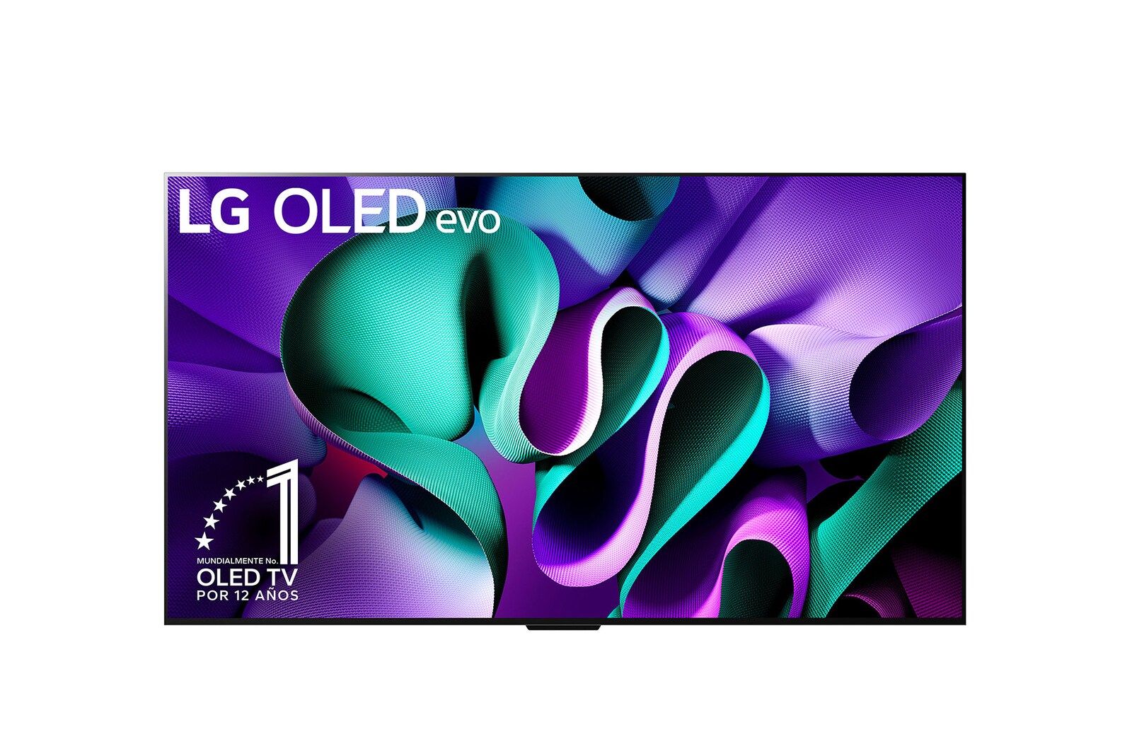 Vista frontal de un televisor LG OLED evo, OLED M4, el emblema de OLED de 11 año de número 1 del mundo, el logotipo de webOS Re:New Program, el logotipo de la garantía de 5 años del panel en la pantalla, una Zero Connect Box con transferencia inalámbrica de video y audio de 4K 144Hz conectada a un televisor, y una señal de Wi-Fi que sale de la caja