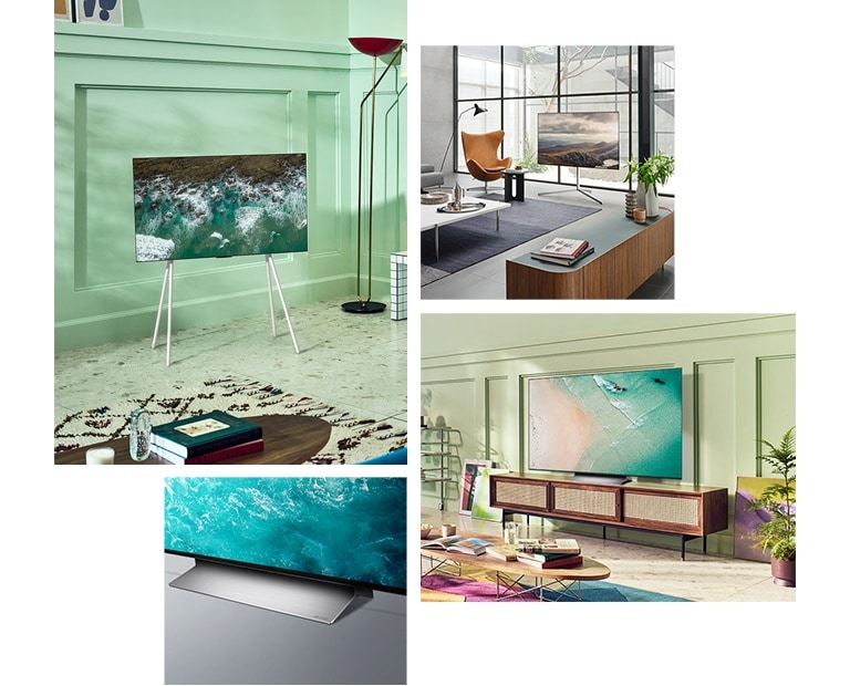 Un LG OLED C2 con soporte de piso está en la esquina de una habitación color menta. Un LG OLED C2 con soporte tipo galería frente a una ventana grande en una habitación moderna. Un LG OLED C2 descansa sobre un mueble de TV vintage en una habitación verde lima con arte y muebles coloridos. Primer plano en ángulo de la base del LG OLED C2.