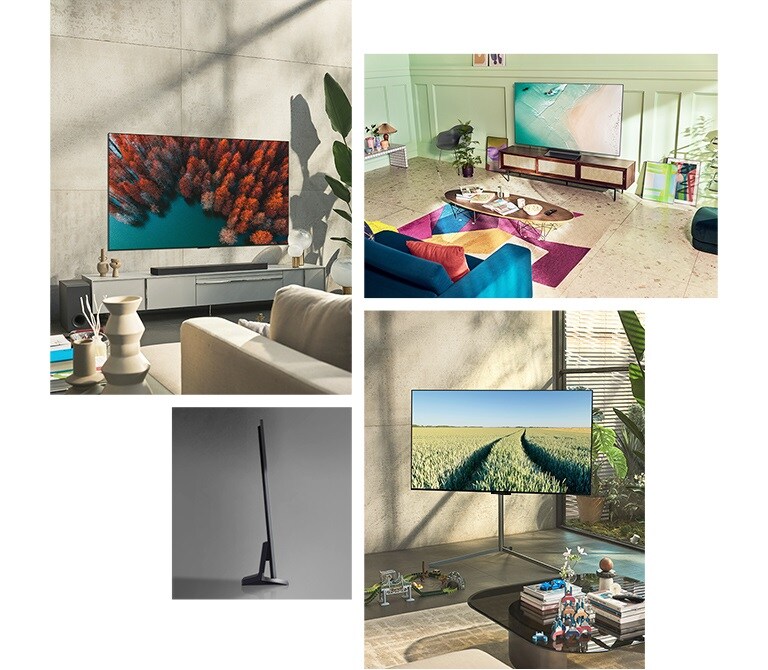 "Un LG OLED G2 cuelga en la pared de una sala de estar de colores neutros con plantas y adornos rústicos. Un LG OLED G2 descansa sobre un soporte de TV en una habitación verde menta con arte y muebles coloridos. Un LG OLED G2 con soporte de galería está en la esquina de una habitación en una casa familiar.  Una vista lateral del borde ultradelgado de LG OLED G2."