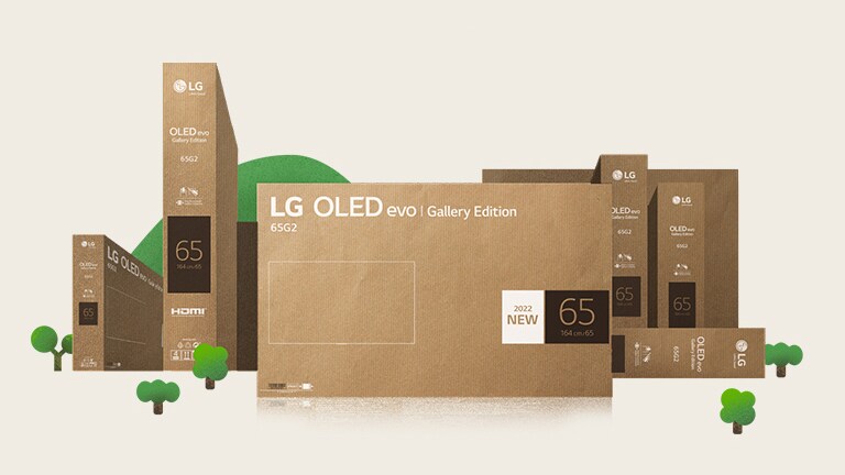 Embalaje de cartón LG OLED ecológico representado alrededor de prósperos árboles y montañas