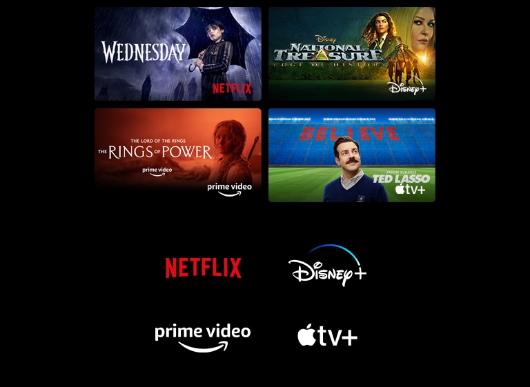 Un póster de Merlina de Netflix, Tesoro Nacional de Disney+, Los anillos del poder de Prime Video y Ted Lasso de Apple TV Plus.t.