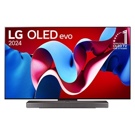 Vista frontal con LG OLED evo y el emblema OLED número 1 del mundo de 11 años en la pantalla, así como la barra de sonido debajo