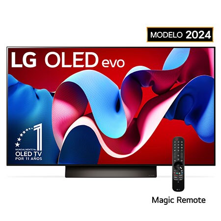 Vista frontal con LG OLED evo y el emblema OLED número 1 del mundo de 11 años en la pantalla, así como la barra de sonido debajo