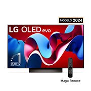 Vista frontal con LG OLED evo y el emblema OLED número 1 del mundo de 11 años en la pantalla, así como la barra de sonido debajo