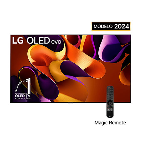 Vista frontal con LG OLED evo TV, OLED G4, el emblema de 11 años de OLED número 1 del mundo y el logotipo de 5 años de garantía del panel en la pantalla