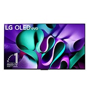 Vista frontal de un televisor LG OLED evo, OLED M4, el emblema de OLED de 11 año de número 1 del mundo, el logotipo de webOS Re:New Program, el logotipo de la garantía de 5 años del panel en la pantalla, una Zero Connect Box con transferencia inalámbrica de video y audio de 4K 144Hz conectada a un televisor, y una señal de Wi-Fi que sale de la caja