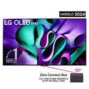 Vista frontal de un televisor LG OLED evo, OLED M4, el emblema de OLED de 11 año de número 1 del mundo, el logotipo de webOS Re:New Program, el logotipo de la garantía de 5 años del panel en la pantalla, una Zero Connect Box con transferencia inalámbrica de video y audio de 4K 144Hz conectada a un televisor, y una señal de Wi-Fi que sale de la caja