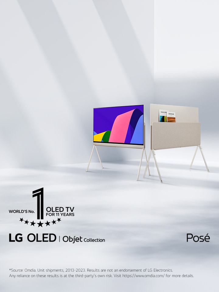 Dos televisores LG Posé uno junto al otro en un ángulo de 45 grados, uno visto de frente con una colorida ilustración abstracta en pantalla y otro visto desde atrás mostrando su versátil parte trasera. El emblema de “La televisión OLED no. 1 del mundo desde hace 10 años” está también en la imagen.