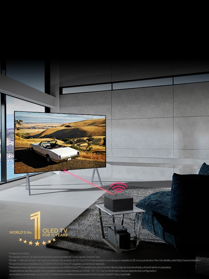 In a modern living space, LG OLED TV is on a stand and a Zero Connect Box is placed on a table in front with devices tucked underneath. A red Wi-Fi signal and red beam emit towards the TV screen. The gold World's number 1 OLED TV for 11 Years emblem is at the bottom.