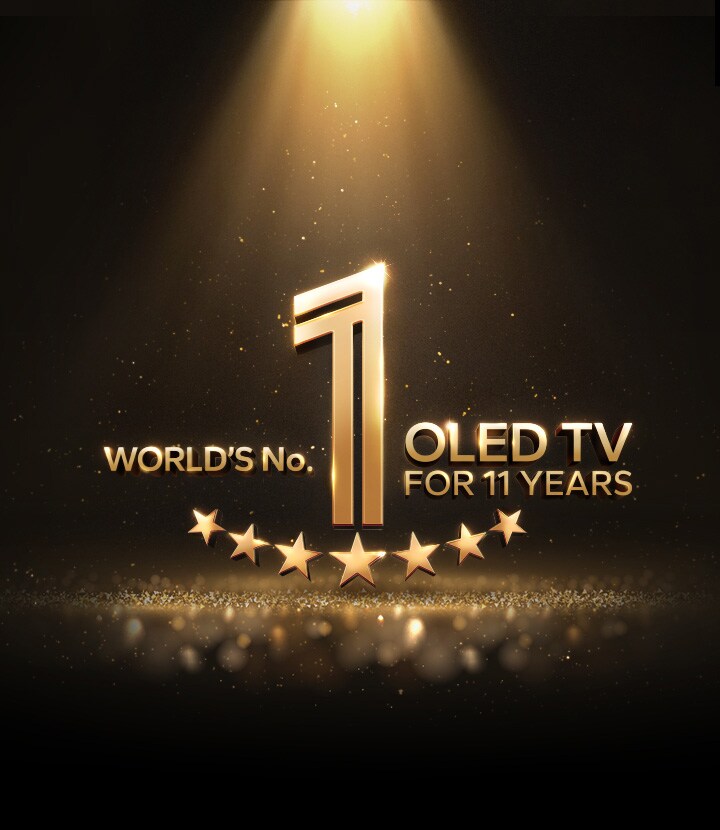 Un emblema dorado del televisor OLED número 1 del mundo durante 11 años sobre un fondo negro. Un foco brilla sobre el emblema y estrellas abstractas doradas llenan el espacio.