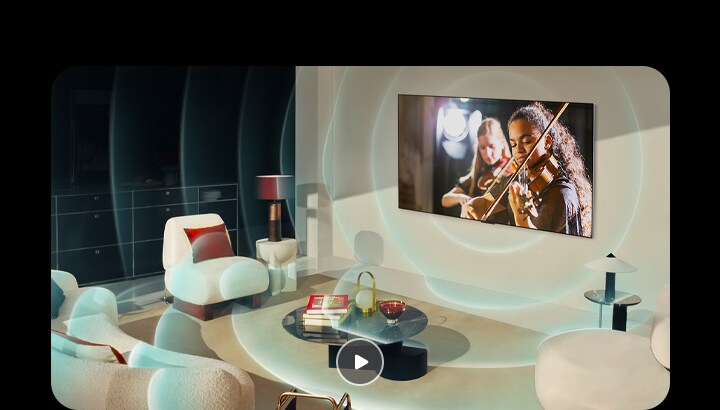 Un televisor LG OLED en un apartamento moderno. Aparece una cuadrícula superpuesta sobre la imagen como un escaneo del espacio, y luego se proyectan ondas sonoras azules desde la pantalla, llenando perfectamente la habitación con sonido.