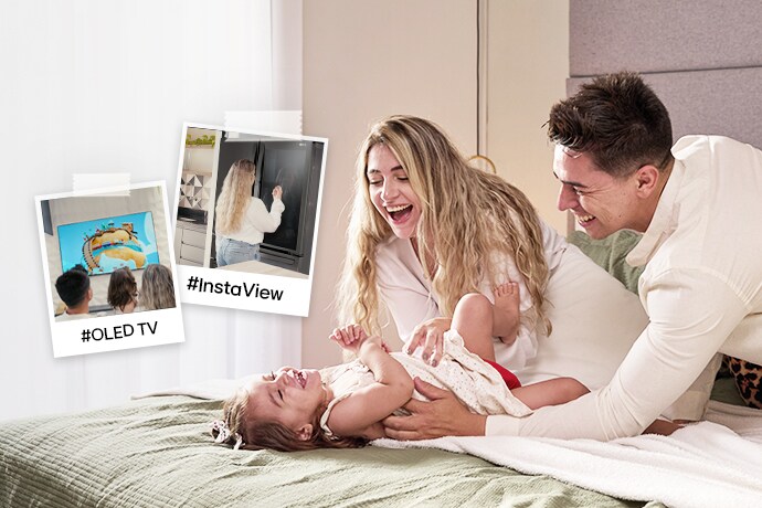 Familia feliz en la cama con fotos del LG OLED TV y del refrigerador InstaView.