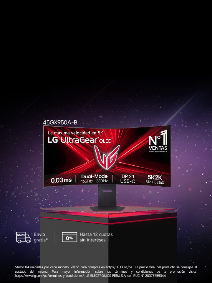 Promoción de LG UltraGear del primer monitor gaming OLED 5K2K del mundo, con 10 % de descuento del 28 de abril al 14 de mayo. Modelos mostrados: 32G810SA y el curvo 45GX950.