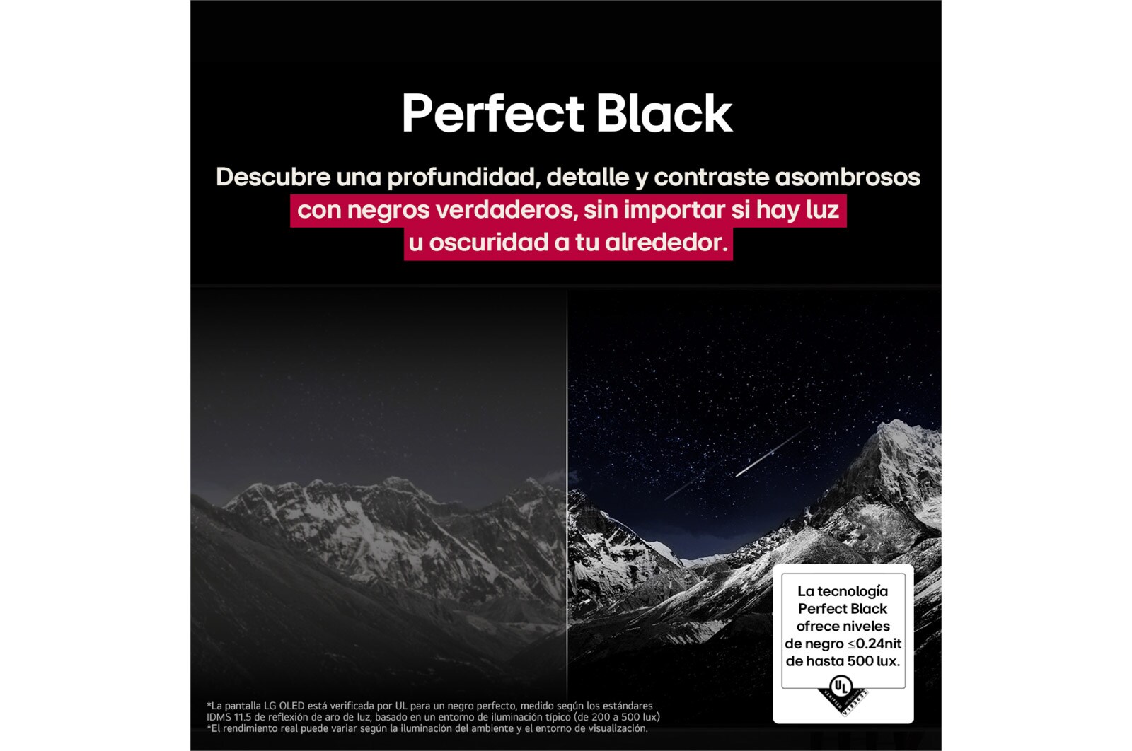 Sala de estar con una LG OLED TV montada en la pared. En la TV se muestra una cadena montañosa bajo un cielo nocturno oscuro lleno de estrellas. 